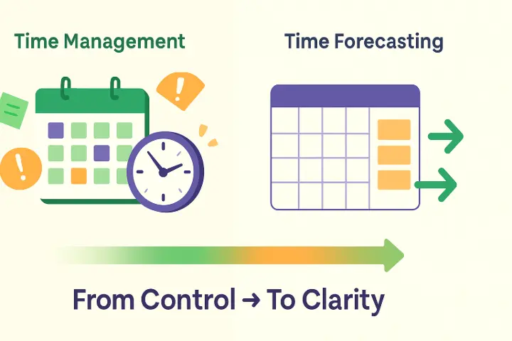 Split illustration comparing time management and time forecasting — left side cluttered calendar with stress, right side organized calendar with clarity, labeled From Control to Clarity.